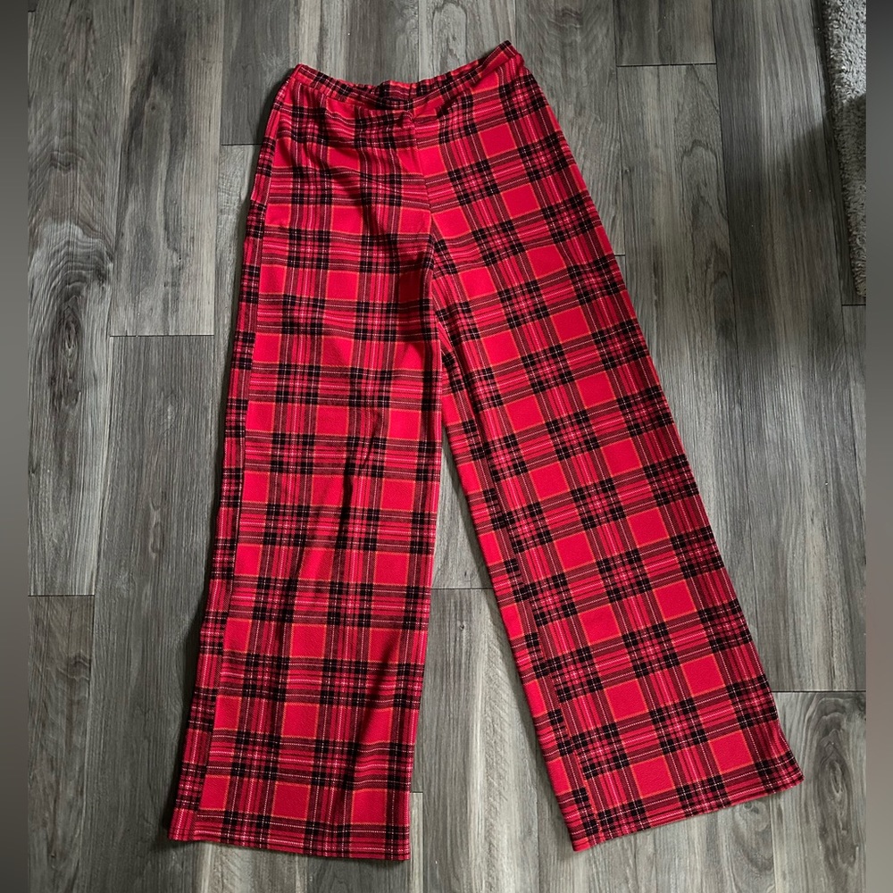High Waisted PLT Red Tartan Plaid Wide Leg Pants Size 12